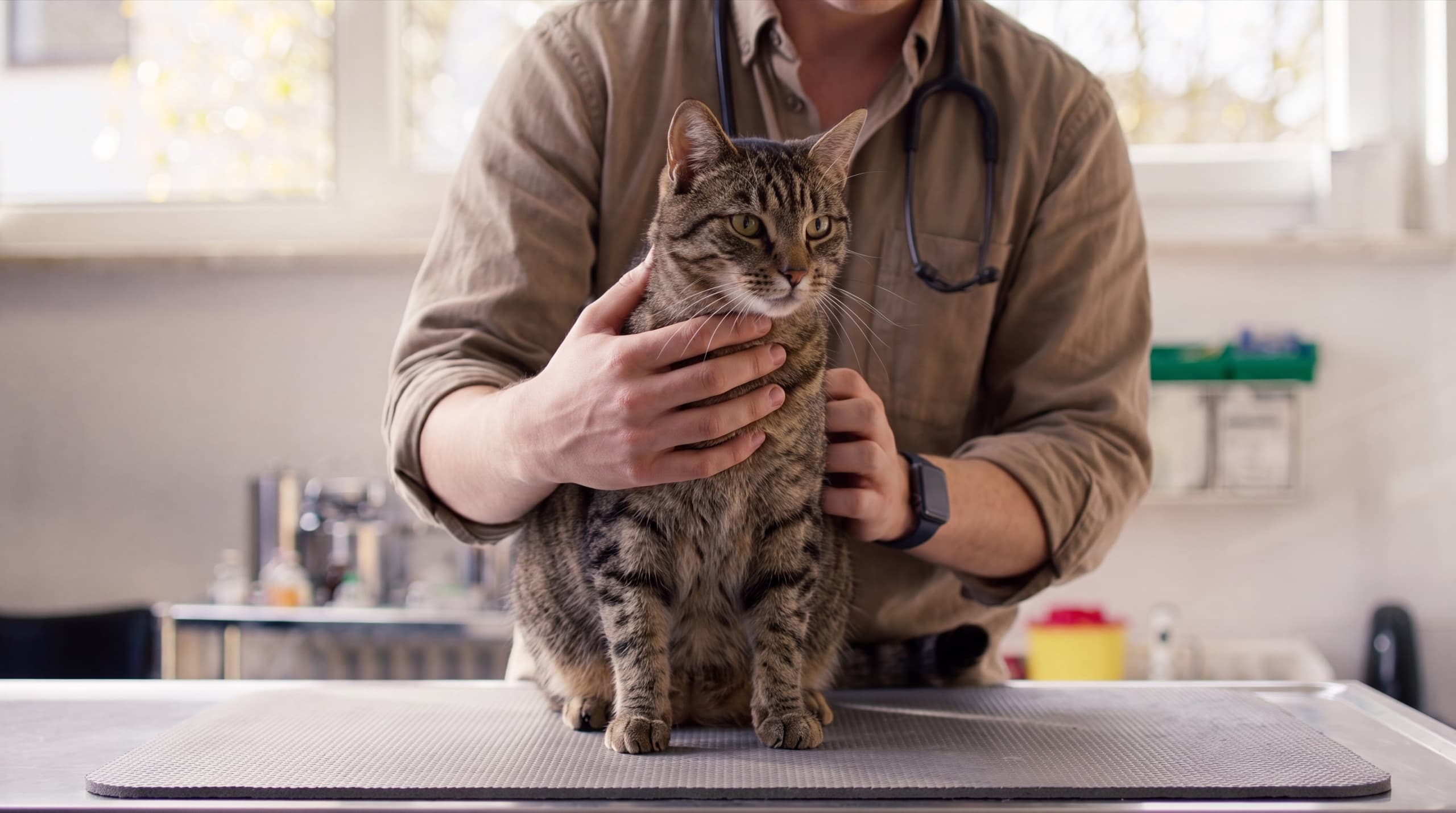 Tierarzt hält eine Katze sanft auf dem Behandlungstisch – Vorsorge und Impfungen in der Tierarztpraxis Siems in München